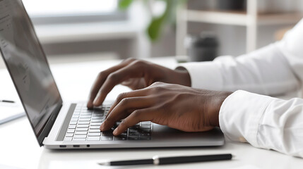 a person typing on a laptop placed on a desk. The hands are visible, diligently typing on the keyboard of an open laptop.