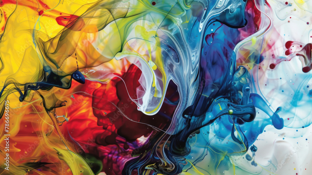 Poster a lively painting featuring a multitude of vivid colors blending and contrasting in an abstract comp
