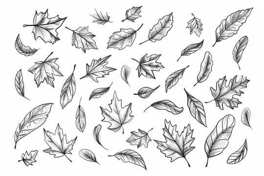 Leaf wind doodle line sketch set. Hand drawn doodle wind motion, air blow, leaf falling elements. Sketch drawn air weather, autumn falling concept. Isolated vector illustration vector icon, white back