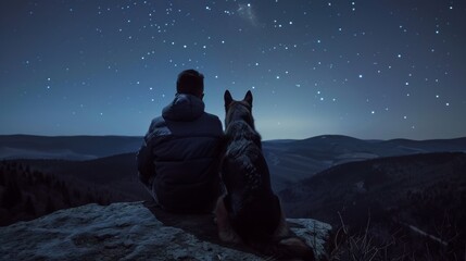 Guy and shepherd dog enjoy the starry night sky on a mountain cliff, breathtaking scenic view