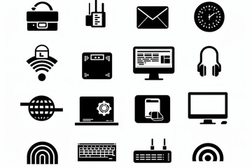 Internet computer icon set. Containing online, computer, network, website, server, web design, hardware, software and programming. Solid icons vector collection vector icon, white background, black co