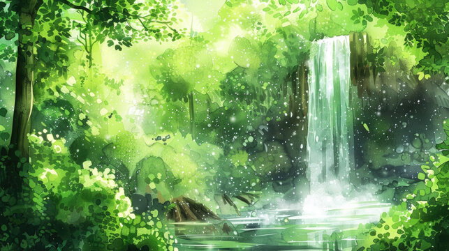 A painting showing a powerful waterfall flowing in the midst of a lush green forest with tall trees and rich foliage