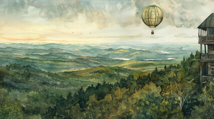 A painting depicting a house situated on a hill with a colorful hot air balloon soaring in the sky above