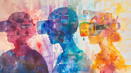 Three stylized silhouettes with vivid colors face each other, sporting different styles of glasses, set against a splashy, abstract backdrop