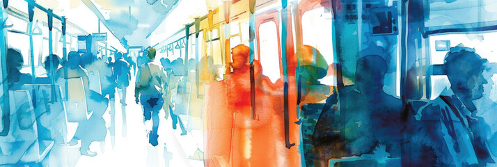 Vibrant watercolor artwork captures the hustle of city life with passengers boarding and riding a subway train