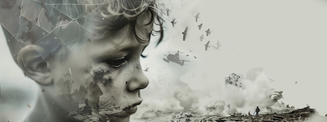 A young boy and a war scene merge in a thought-provoking double exposure. Monochrome, white background, copy space.