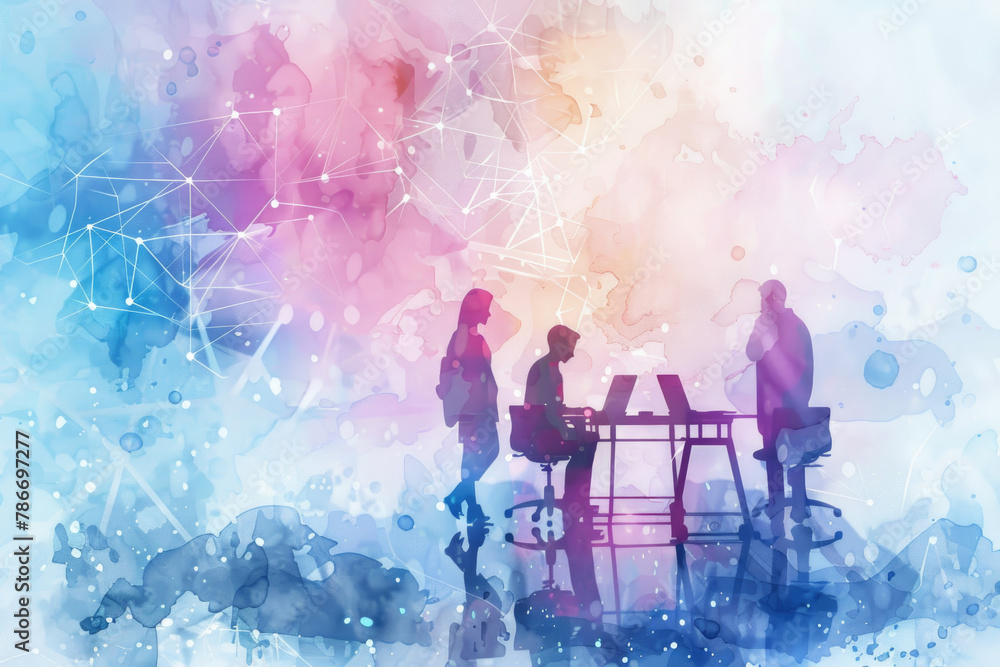 Poster silhouettes of three individuals appear to be conversing over a table, set against a backdrop of col