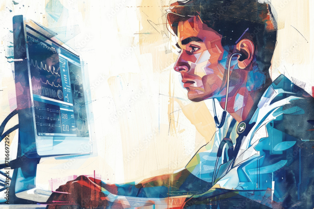 Poster a healthcare worker intently studies complex medical information displayed on a monitor, representin