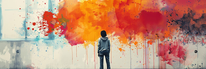 A lone individual stands before an explosion of orange and red hues in an outdoor graffiti display