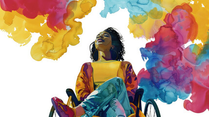 A woman in a wheelchair is positioned in front of vibrant and colorful paint splashes, creating a striking contrast between the stationary figure and the dynamic backdrop