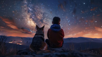 Boy and shepherd dog admiring starry night sky on mountains, rear view in serene natural setting