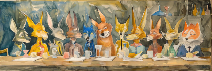 Obraz premium A group of animal characters with human-like features assembled around a table, appearing engaged in a discussion