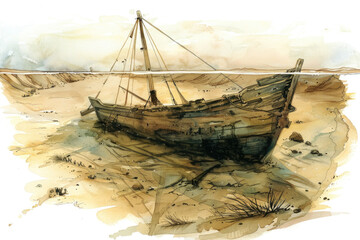 A painting depicting a boat stuck in the sand on a beach, with seagulls pecking at the hull under bright sunlight