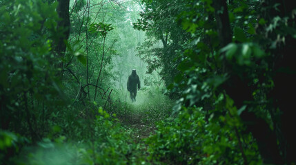 A lone person wanders down a foggy trail surrounded by lush greenery in the quiet of early morning