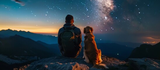 Backpacking man gazes at starlit sky with loyal golden retriever companion on mountain cliff edge