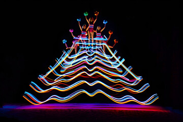 Mesmerizing neon light trails of a cheerleader pyramid formation isotated on black background.