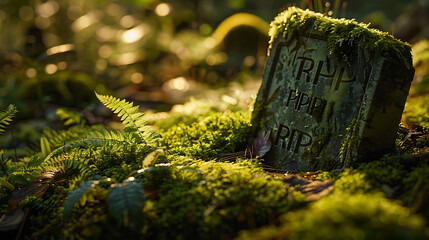 a moss-covered gravestone nestled in a tranquil forest setting. The gravestone bears the inscription "RIP," signifying it as a final resting place