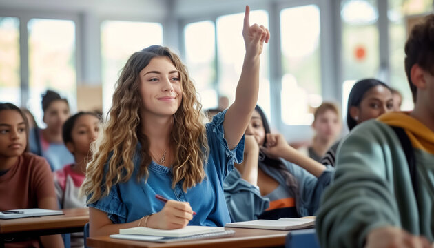 confident teenage girl raises hand in classroom full of students. She looks engaged, eager to participate in discussion. Diverse group of students in background adds to educational atmosphere of scene
