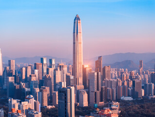 Aerial view of Skyline in Shenzhen city CBD sunset in China - 786698004