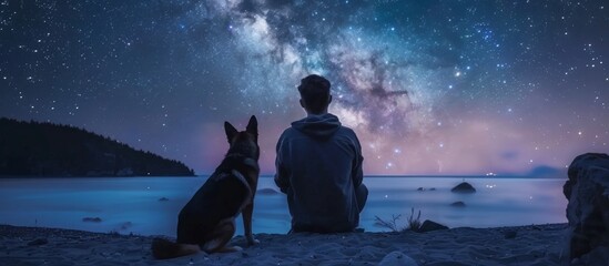 Young man with german shepherd contemplates starry night sky by the sea coast