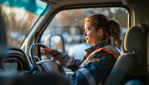 confident female RHD bus driver behind wheel of bus, exuding professionalism and warmth. She appears ready to transport passengers safely to their destination. Everyday woman lifestyle concept.