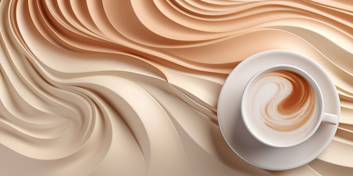 Coffee background, a cup of coffee with latte art  against a background of soft waves in brown tones, top view	