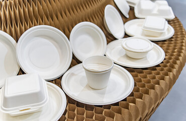 Set of unbleached plant fiber food box and paper cup. Natural fiber eco food and drink packaging. - 786698216
