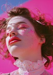 Portrait of a girl kisses. outdoors on a bright sunny day. Clean bright pink background. neon colour