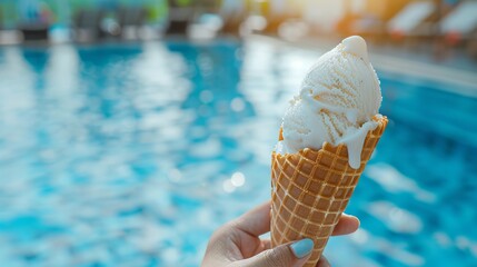 Woman s hand holding ice cream cone by hotel pool, enjoying summer sweetness, blurred background