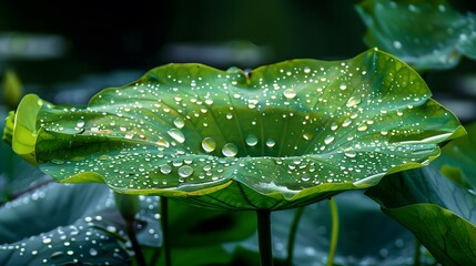 Rainwater on lotus leaf green leaf with dew morning dew in natural setting
