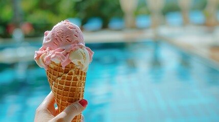 Woman holding pink strawberry ice cream in waffle cone, poolside background, summer indulgence