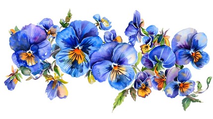 Bouquet of the blue garden tricolor pansy flower (Viola tricolor, viola arvensis, heartsease, violet, kiss-me-quick) Hand drawn botanical watercolor painting illustration isolated on white background
