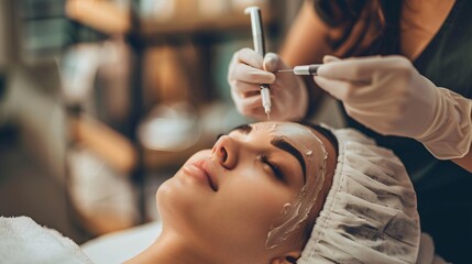 Young woman undergoing a dermaplaning facial treatment at a beauty center, focusing on skincare and wellness