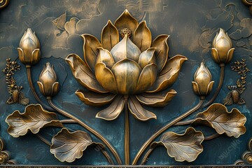 A gold and blue metal work with flowers and leaves on