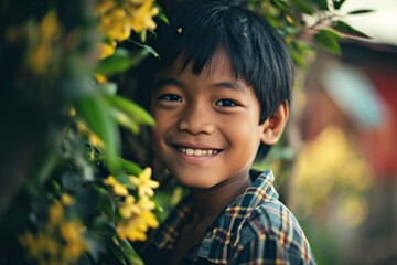 Portrait of asian boy with yellow flowers in the garden.