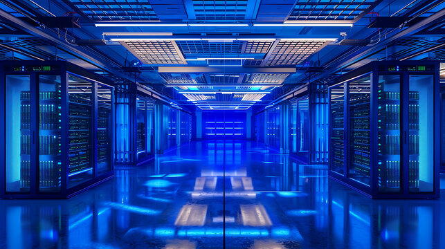 The image showcases a data center, a specialized room designed to house computer servers and related equipment. Multiple server racks are neatly aligned in rows within the data center.