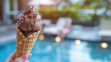 Woman holding chocolate ice cream in waffle cone by hotel pool, summer indulgence