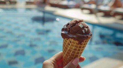 Woman holding chocolate ice cream in waffle cone by hotel pool, summer indulgence
