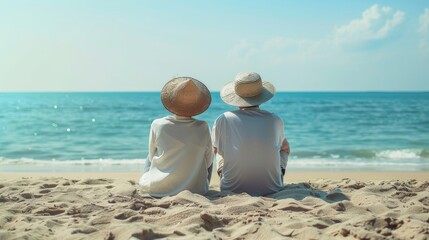 Senior couple in straw hats sitting on beach together, back view, summer travel outdoor scene