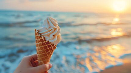 Woman enjoying sweet ice cream cone by the seaside with a blurred seascape, first-person view