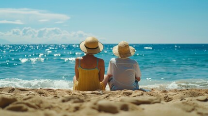 Senior couple in straw hats sitting on beach, summer travel and outdoor leisure concept
