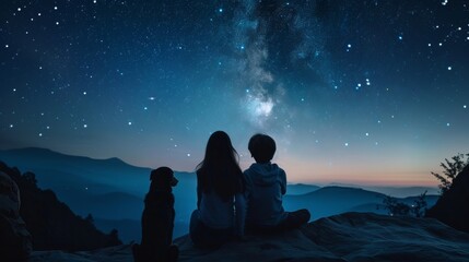 Kids with dog admire night sky on mountain cliff, rear view, serene moment under stars