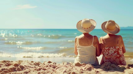 Senior women in straw hats sitting together on beach, back view, summer travel outdoors