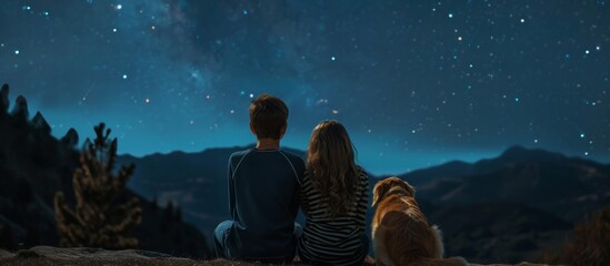 Children couple with golden retriever admire starry night sky on mountain cliff, rear view scene