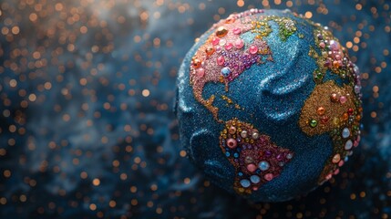 A vibrant and glittering globe decorated with jewels and embroidered with sequins against a bokeh background, symbolizing planet Earth in the space. - obrazy, fototapety, plakaty