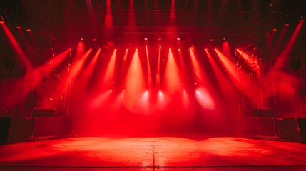 Fototapeta premium Rock concert stage light background with spotlight illuminated the stage for night music festival. Performance event stage. Empty stage with dramatic red colors. Entertainment show. Rock concert stage