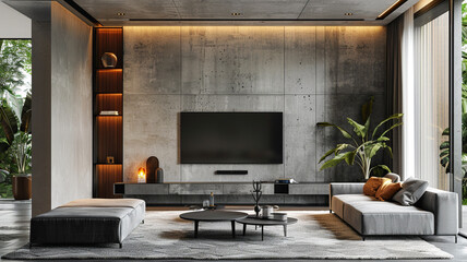 Obraz premium Modern living room with cabinet TV over background of concrete wall.