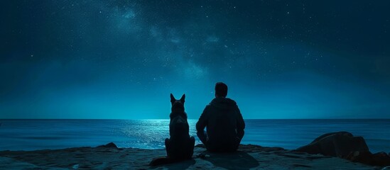 Young male pet owner with german shepherd gazing at starry night sky by the sea coast, rear view