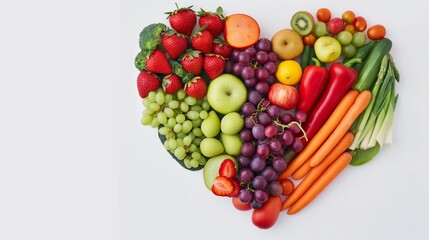 Colorful arrangement of various fruits and vegetables forming a heart shape on a white background, symbolizing healthy eating.