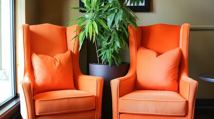 Vibrant orange armchairs paired with a lush green potted plant in a cozy interior setting..